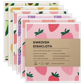 RHVQ Swedish Dishcloths 6-Pack, Super Absorbent & Fast-Drying Reusable Dish Towels, Biodegradable Kitchen Sponge Cloths with Fruit Prints for Dishes, Countertops, Windows & Car