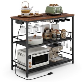 MAHANCRIS 35.4" Kitchen Island, Kitchen Storage Rack with Power Outlet, Microwave Stand with Wine Rack, 3 Tier Coffee Bar Station for Dining Room, Rustic Brown and Black KIHR91E01