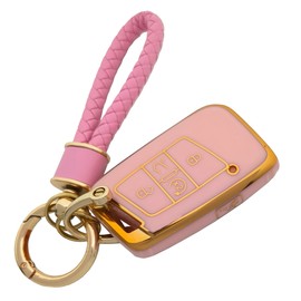 Key Fob Cover for VW with Keychain Pink Soft TPU Key Case Shell for Volkswagen Atlas Tiguan Jetta GLI Taos 4 Buttons Holder Car Accessories (for VW a)