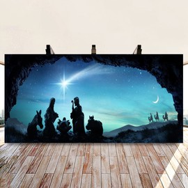 AOFOTO 6x3ft Christmas Nativity Backdrop Manger Scene Birth of Jesus Caves Photography Background Christian Chirist Holy Family Three Kings Blue Starry Sky Night Star Backdrop Photo Studio Props