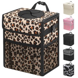 Capolo Car Trash Can with Lid, Leakproof Car Trash Bag Hanging Waterproof Automotive Garbage Can with Storage Pockets Mini Vehicle Trash Bin for Back/Front Seat(Leopard,2.5 Gallon)