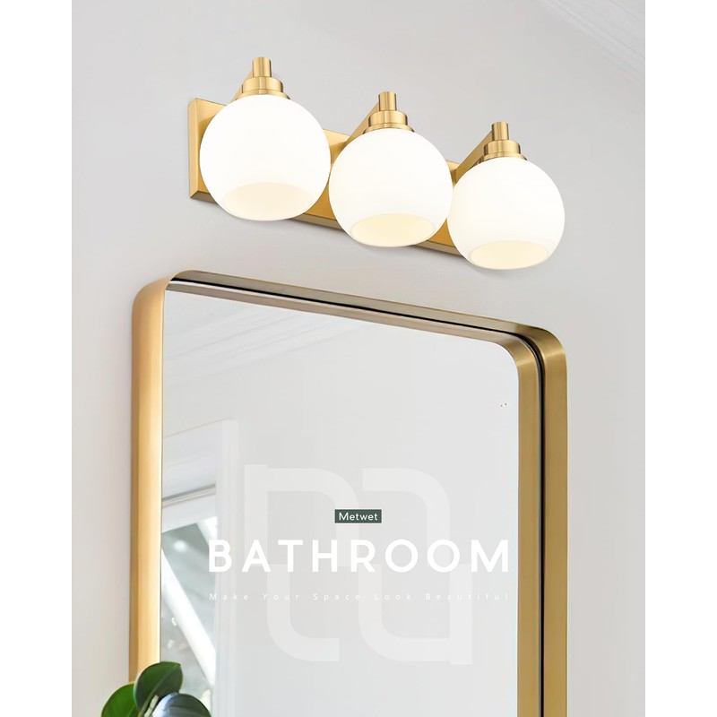 METWET Bathroom Light Fixtures, 3-Light Brushed Gold Vanity Light, Modern