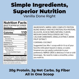 N?RSE C?DE N?RSE C?DE Vanilla Plant-Based Protein Powder C 20g Protein, Vegan, Keto, Dairy-Free, Zero Sugar, Fiber, Upcycled Barley, Rice & Pea Protein C 1.33 lbs [14 Servings]