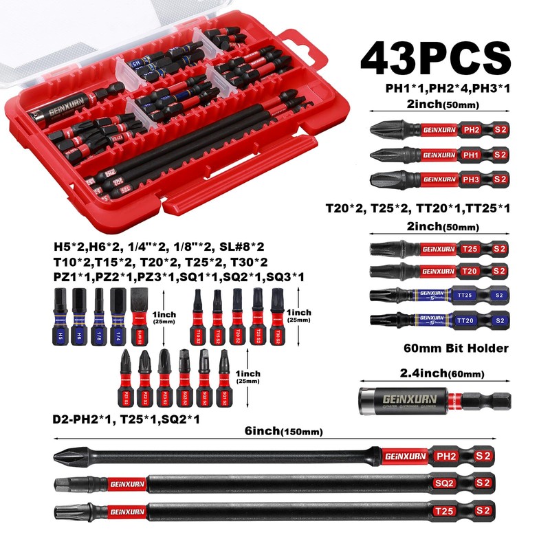 Geinxurn 43pieces Impact Screwdriver Bits Set, Magnetic S2 Steel Multi