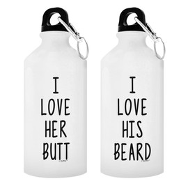 Unique Wedding Idea for Bride and Groom I Love Her Butt I Love His Beard Matching Couple 2-Pack Aluminum Water Bottles with Cap & Sport Top White