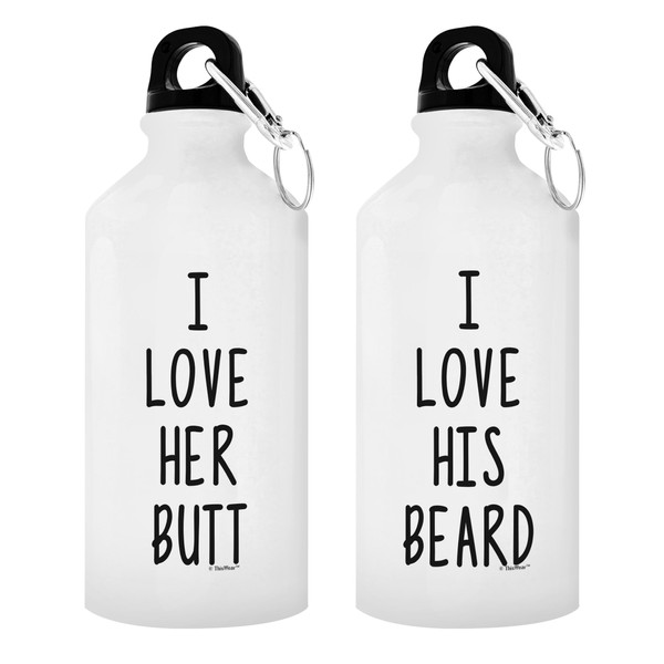 Unique Wedding Idea for Bride and Groom I Love Her Butt I Love His Beard Matching Couple 2-Pack Aluminum Water Bottles with Cap & Sport Top White
