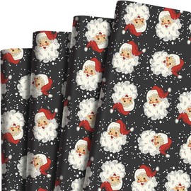12 Sheets Black Santa Christmas Wrapping Paper Printed with Hand Drawn Retro Santa for for Gift Wrap for Christmas Party DIY Craft Supplies (Black Santa)