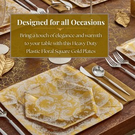Gold Floral Square Disposable Paper Side Plates - 7" (Pack of 18) - Perfect for Weddings, Parties, Showers & Special Events