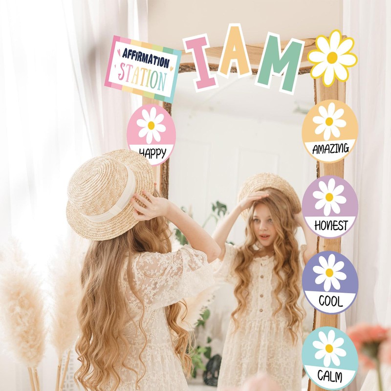 FYSUIMU 25Pcs Spring Pastel Daisy Affirmation Station Bulletin Board Set