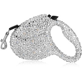 Sparkling Retractable Dog Leash,Rhinestone Pet Walking Leash for Small Dog Cat,White Bling Small Puppy Leashes,Durable 16 ft Strong Nylon Tape,360°Tangle-Free,One-Handed Brake, Pause, Lock