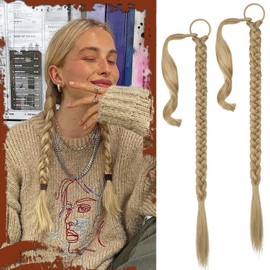 Sofeiyan Braid Extensions Ponytail Extension with Hair Scrunchie, 2 Pieces, 76 cm Long Braided Ponytail Extension, Ash Blonde, Natural Hair Extensions, Synthetic Braid Hairpiece for Women