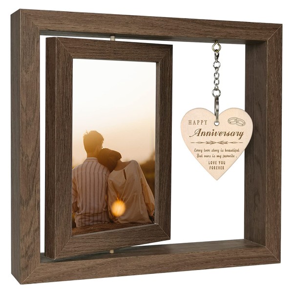 Happy Anniversary Frame Gifts for Her Him Girlfriend Couples, Rustic Wood Floating Anniversary Picture Frame Display Two 4x6 with Gift Box