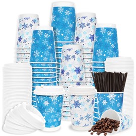 FULJOOY 100 Count Snowflake Paper Cups 12 oz Disposable Beverage Cups Christmas Cups with Leak Proof Lids and and Stirrers Extra Thick Insulated Disposable Coffee Cups To Go Cups for Hot& Cold Liquids