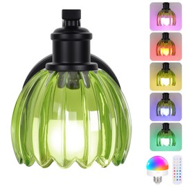 Rechargeable Battery Operated Wall Sconce with Green Glass Lampshade, Wireless Wall Scone Decor with Remote Control, 15 Colors Black Wall Light for Bedside Hallway Bedroom Doorway