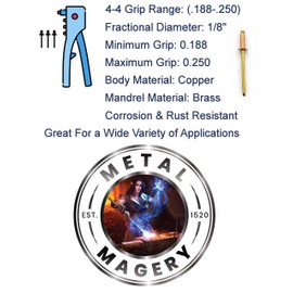 Metal Magery 100 Copper Pop Rivets 1/8 Diameter Brass Mandrel Blind Rivets Dome Head 4-4 (1/8"Diameter x 1/4" Grip) Qty 100