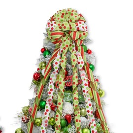 Hismir Christmas Tree Topper Bow，53x13 Inches Large Christmas Bow with Glitter Streamer and Red Green Dot，Decorative Bows for Xmas Tree Wreath Door Festival Home Decor(Green White & Dot)