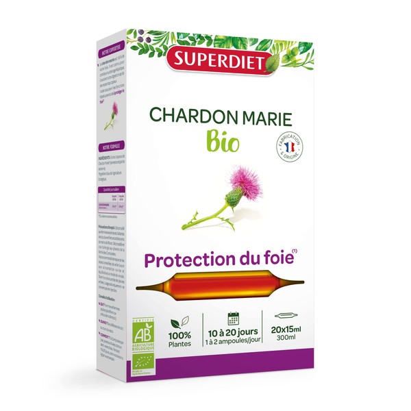 Superdiet - Organic Marie Chardon - Liver Protection - 100% Pure Juice - Made in France - 20 Vials of 15 ml