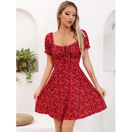Missufe Women's Puff Short Sleeve Drawstring Ruched Front Fit and Flare Floral Summer Casual Short Dress (Red, Medium)