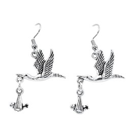 Flying Stork 17 x 24 mm with Baby 12 x 10mm - Silver alloy charm dangle earrings. Hypoallergenic Stainless Steel or Silver-Plated Fishhook or Ball Post Earring or Silver Tone Clip-on Options