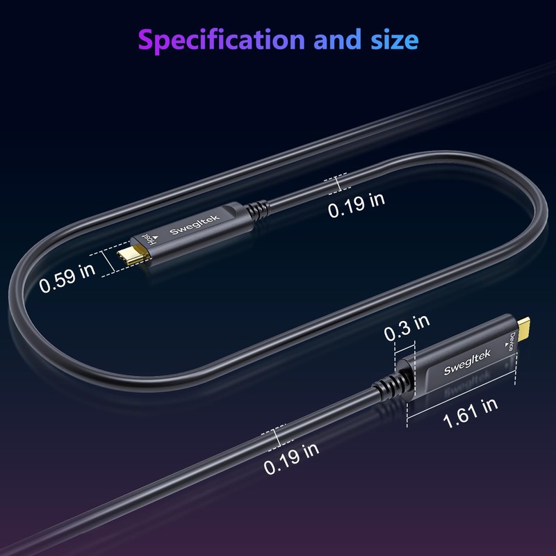 swegltek Fiber Optic USB C Cable(50ft),10Gbps High Speed Data Transfer