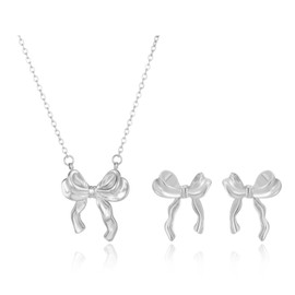 Bow Necklace and Earrings Set for Women - Trendy Bowknot Pendant Jewelry in Gold and Silver - Christmas Gifts for Stocking Stuffers