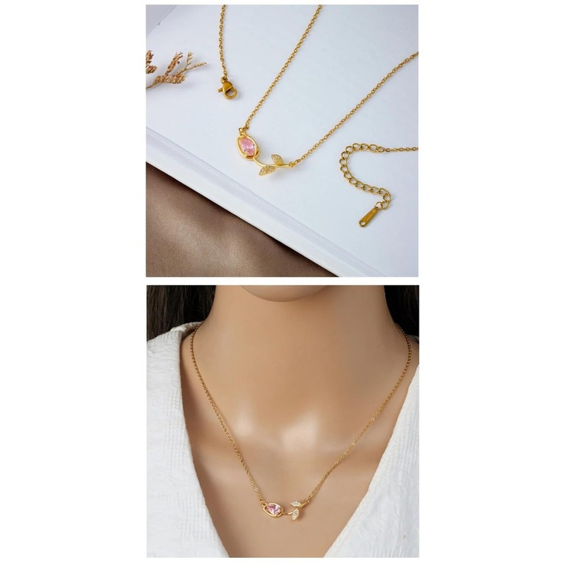 Generic 14k Yellow Gold Pink Zircon Tulip Pendant Necklace, Women's