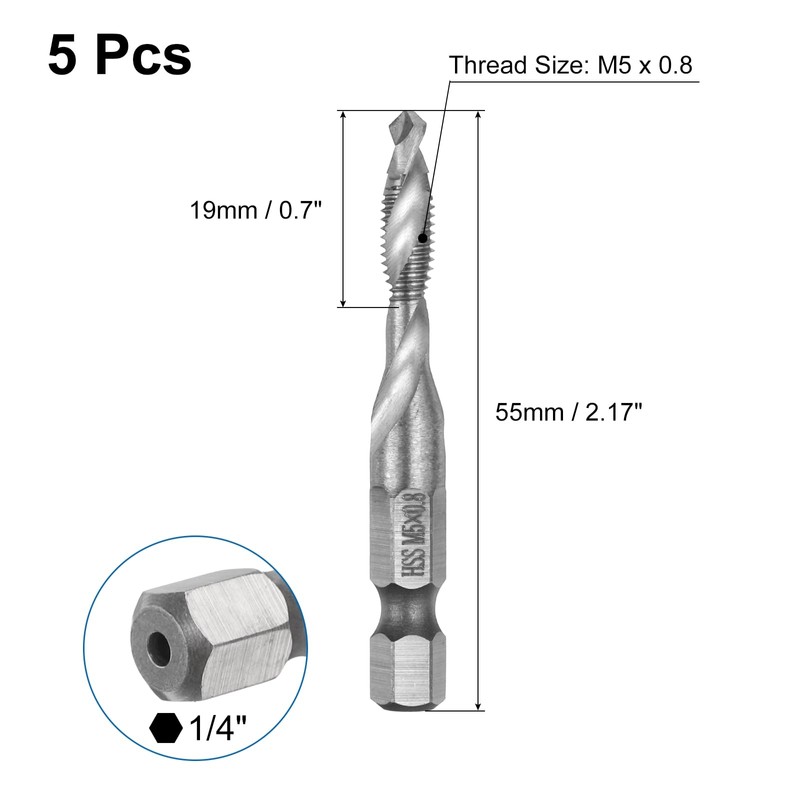 QUARKZMAN 5 Piece Combination Drill Tap Metric M5 x 0.8