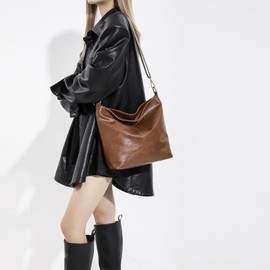 MaijjLyn Hobo Crossbody Bags for Women Vegan Leather Crossbody Bag Guitar Strap Purse Shoulder Bucket Bag Boho Tote Handbags Dark Brown