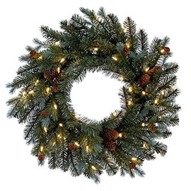 Vickerman 24" Blue Spruce Pine Cone Artificial Pre-Lit Wreath, Warm White LED Lights.
