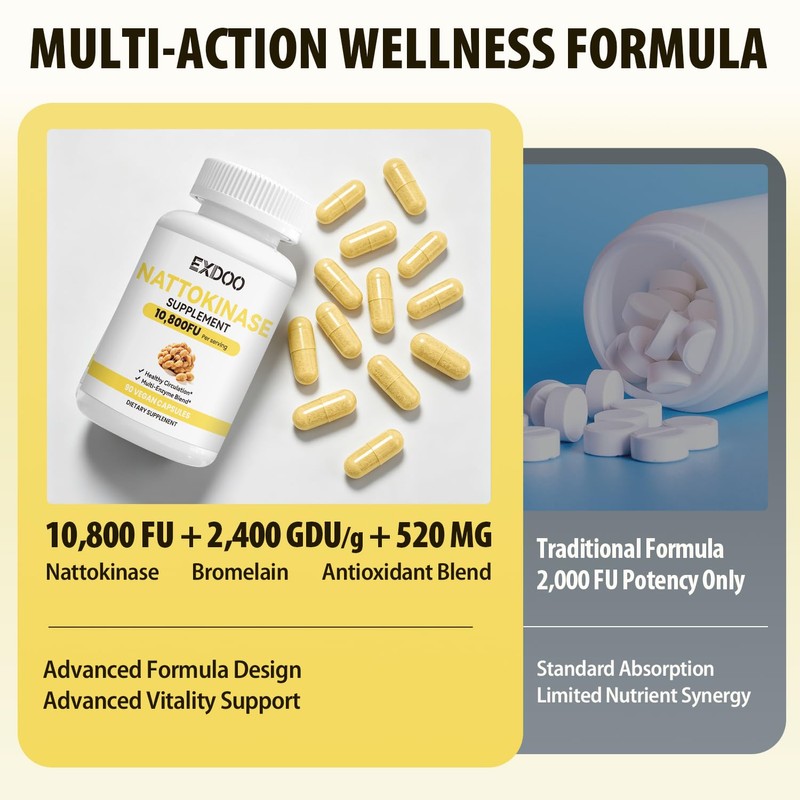 Nattokinase 10,800 FU Supplement Capsules for Daily Wellness