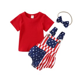 Baby Girl Boy Independence Day Clothes Sets Ribbed T Shirt Suspender Overalls Shorts Romper American Flag Outfits (Red,6-12 Months)