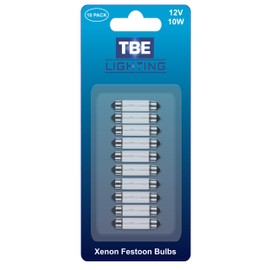 TBE Lighting Replacement Festoon Bulbs, PACK OF 10 Xenon lights for Undercabinets & Car Interior Lighting. Clear glass finish, Warm White colour- 12v / 10w / Dimmable 11mm x 41mm Energy efficient Bulb