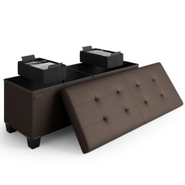 Storage Ottoman Bench with Bins, 43-in Storage Bench for Bedroom End of Bed, Folding Foot Rest Ottoman for Living Room Max 660lbs, Faux Leather Ottomans, Brown
