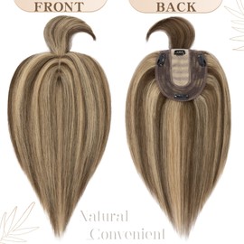 S-noilite Hair Toppers for Women with Bangs Topper with Bangs Balayage Real Human Hair Toppers 130% Density Silk Base Clip in Topper Hairpiece with Fringe 45g 14 Inch #4/27 Medium Brown/Dark Blonde