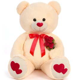 Tezituor Giant Teddy Bear Stuffed Animal 4ft - Big Teddy Bear with Love Red Heart - Large Stuffed Bear Plush Toys for Kid Christmas Birthday - Valentines Bear Gift for Girlfriend, Cream
