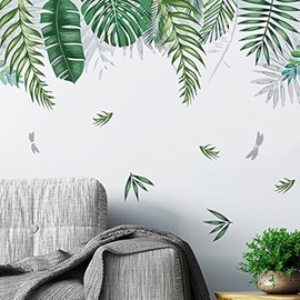 Green Tropical Palm Tree Leaves Wall Stickers, KALYLOC Waterproof Tropical Green Leaf Plants Wall Decal, Peel and Stick Nature Jungle Wall Decor for Living Room Bedroom Door Decoration (A)