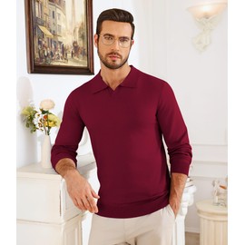 Lexiart Mens Knit Polo Shirts Long Sleeve V Neck Breathable Soft Casual Lightweight Solid Color Golf Shirts Wine Red