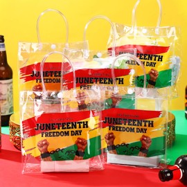 SilTriangle 20 Pieces Happy Juneteenth Party Favor Gift Bags with Handles 8x8x3.15 Inch African American Independence Day PVC Clear Juneteenth Favor Bags Bulk for African Afro Juneteenth Party