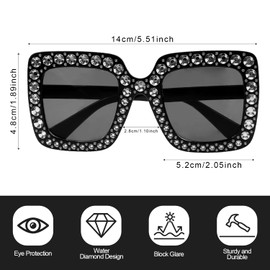 Lotsdonxia Rhinestone Square Sunglasses Large Frame Crystal Sunglasses Dazzling Costume Accessories for Parties, Festivals, and Glamorous Outfits (Black)