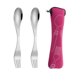 Pack of 2 Forks and Spoons, 1 Piece Cutlery Bag, Forks and Spoons Made of Stainless Steel, Portable Forks and Spoons 2-in-1, Reusable Lightweight Tableware for Camping and Travel