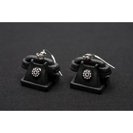 Miniblings Telephone Earrings Telephone Earrings with Dial Handset Retro Black Handmade Fashion Jewellery I Earrings Silver Plated, Resin