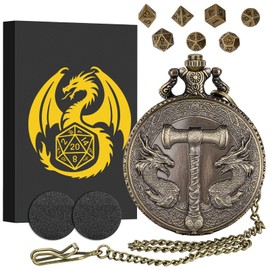 Mini DND Dice Set with Warhammer and Two Dragons Pocket Watch Shell Case, DND Starter Set, 7pcs Polyhedral Mini Metal Dice Set, D&D Gifts with Gift Box, Role Playing Board Game Accessories, Bronze