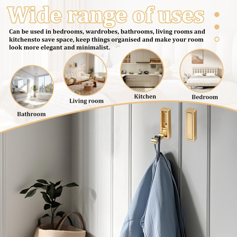 Wshxjzyay 4pack Gold Foldable Wall Hooks, Folding Coat Hooks Wall