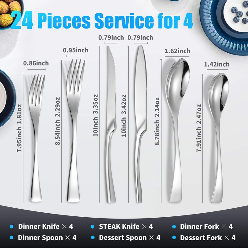 Lemeya 24-Piece Silverware Set with Steak Knives,Forged 18/10 Stainless Steel