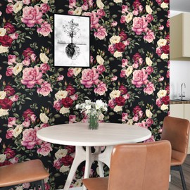 Wallercity Vintage Roses Peel and Stick Wallpaper Red Floral Wallpaper for Corridor Accent Walls Waterproof Removable Black Floral Contact Paper for Bathroom Kitchen Countertops Shelf 17.5" x 315"
