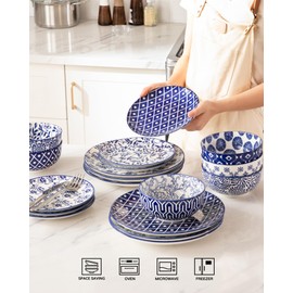 Sweejar 24 Pieces Ceramic Dinnerware Sets, Handmade Plates and Bowls Sets, Highly Scratch Resistant Dishes Set for Kitchen,Porcelain Dishwasher & Microwave Safe Dishes Set,Service for 8 (Vintage Blue)