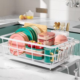 Dish Drying Rack for Kitchen Counter, Large Dish Drying Racks with Drainboard, Kitchen Sink Dish Rack, Countertop Dish Drainer Rack with Cup & Cutlery Holders, Dish Dryer Rack 16.5*12.4*8.3 White