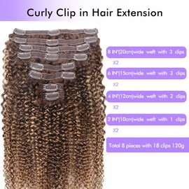 Curly Clip In Hair Extensions Real Human Hair Clip Ins Balayage Chocolate Brown to Caramel Blonde Human Hair Extensions 8Pcs with18clips 120g/Set (26 inch，#4/27/4)