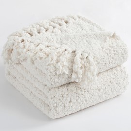 LONG CREATE Throw Blanket for Couch, White Luxury Knitted Throws 60"x80", Textured Blankets with Handmade Fringe Tassels for Bed Sofa Decorative, Chunky Soft Farmhouse Boho Home Decor