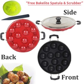 Panca Premium Appam Maker Non Stick with Papad Jali and Tong, Aluminium Appam Patra, Barbeque Jali, Appam Pan with Lid, Tong for Papad Roti-Red Appam, Roasting Net and Tong Combo